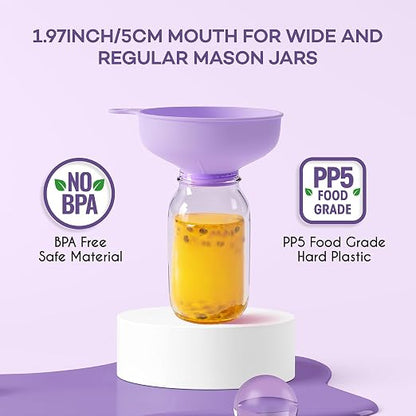 Pisol Wide Mouth Versatile Funnel, Canning Funnels for Kitchen Use, Food Grade Plastic Cooking Funnel Set with 4 Size Spouts and 2 Strainers for Filling Different Bottles and Bags, Purple