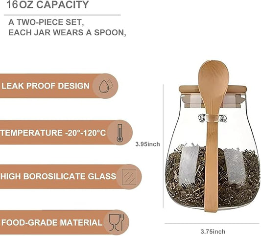 Airtight glass jar storage container with bamboo lid Set of 4, wide mouth, leak-proof, With a spoon, can be used for coffee beans, tea leaves, grains, dried fruits, etc (Small*4pcs)