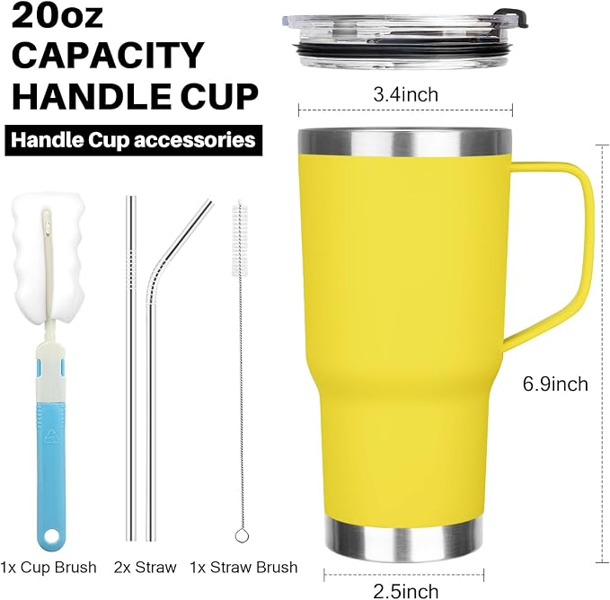 20 oz Tumbler with Handle, Stainless Steel Insulated Tumbler with Lid and Straw, Double Wall Vacuum Coffee Mug Tumbler, Insulated Coffee Thermal Cup for Cold and Hot (Yellow, 20 Ounces)