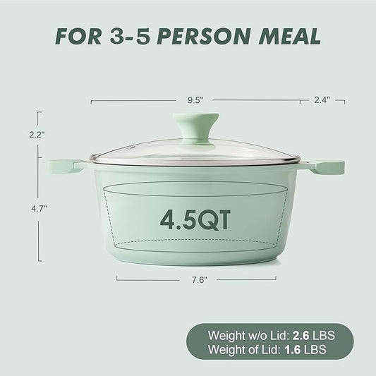 SENSARTE Ceramic Nonstick Stock Pot with Lid, 4.5 Quart Induction Cooking Pot with Tempered Glass Lid, Stew Pot for Soup and Oatmeal, Pasta Casserole, PFOA PFAS PTFE Free, Green