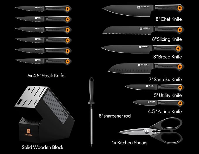 WIZEKA Kitchen Knife Block Set: 15 Pieces Dishwasher Safe Knives Set for Kitchen, Ultra Sharp Black Knife Set With Sharpener, Non-Slip Handle, Anti-Rust Coating, Dark Vision Series, Fathers day
