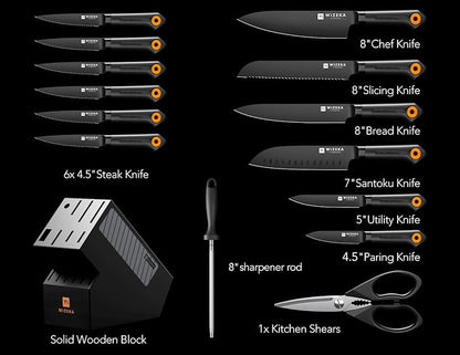 WIZEKA Kitchen Knife Block Set: 15 Pieces Dishwasher Safe Knives Set for Kitchen, Ultra Sharp Black Knife Set With Sharpener, Non-Slip Handle, Anti-Rust Coating, Dark Vision Series, Fathers day