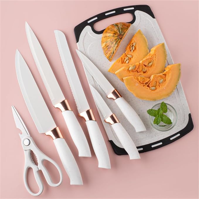 19 Pieces Kitchen Cooking Utensils and Knife Set with Holder Block, Include 11 Pcs Silicone Cooking Utensils 5 Pcs Sharp Stainless Steel Knives Scissors Whisk Tongs and Cutting Board (WHITE)