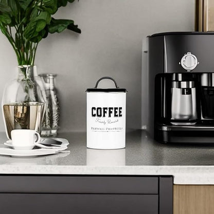 Amici Home Cottage Metal Coffee Canister (Small) - 42 oz Modern Black & White Tin with Handle Lid, Classic Typography Design for Coffee Storage - Rustic Kitchen Storage, Holiday Coffee Bar Decor