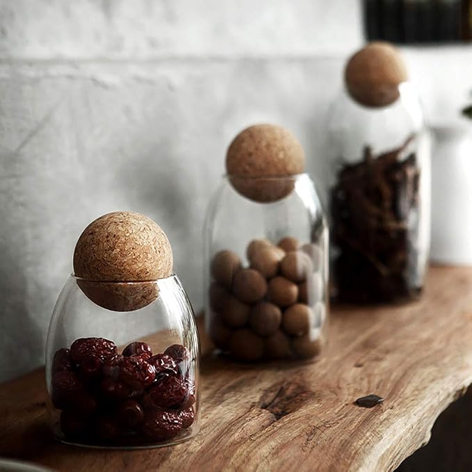 500ML/16Oz Clear Glass Storage Cute Canister Holder Ball Wood Cork Top, Modern Decorative Cylinder Container Jar with Round Lid for Coffee, Spice, Candy, Salt, Cookie Cool Terrarium Bottle