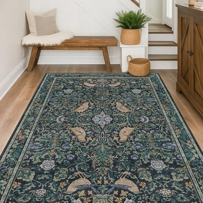 Vintage 4x6 Washable Entryway Rug, Blue & Green Floral Bird Woodland Rug, Non-Slip Low Pile Stain Resistant Carpet for Kitchen, Bedroom, Small Living Room