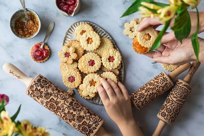FLORET 3 Kid Rolling Pin Set with Lotus, Kashmir, Paisley, Flowering Vine, Lily Flowers Patterns. Wooden Laser Cut Mini Rolling Pins for Cookies, Play Dough, Salt Dough or Clay by Algis Crafts