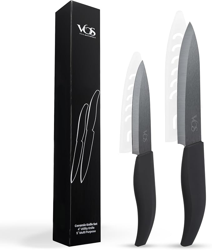 Vos ceramic knives set for kitchen in gift box, set of 2 ceramic knife with cover, 5.5" santoku & 4.5" utility for home cooks, Ultra Sharp, lightweight, rust-free, dishwasher safe (Black handle)