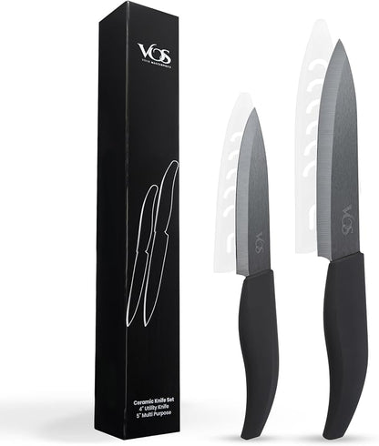 Vos ceramic knives set for kitchen in gift box, set of 2 ceramic knife with cover, 5.5" santoku & 4.5" utility for home cooks, Ultra Sharp, lightweight, rust-free, dishwasher safe (Black handle)