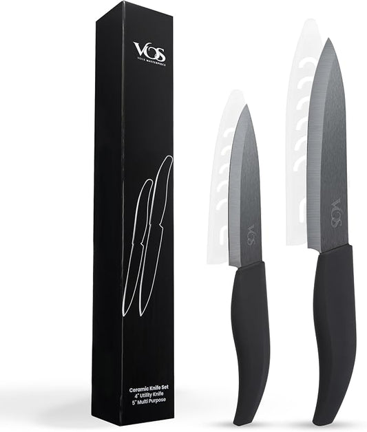 Vos ceramic knives set for kitchen in gift box, set of 2 ceramic knife with cover, 5.5" santoku & 4.5" utility for home cooks, Ultra Sharp, lightweight, rust-free, dishwasher safe (Black handle)