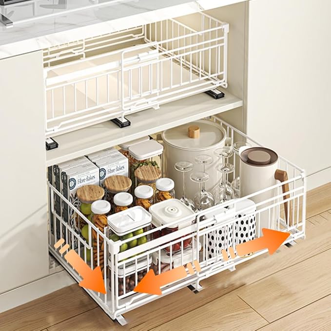 Expandable Pull Out Cabinet Organiser, No Drill Adhesive Slide Out Kitchen Drawer Shelf Durable Metal for Under Sink, Cupboard, Pantry, Adjustable Width (12.8"-19.7") (Style B White, 2 Pack)