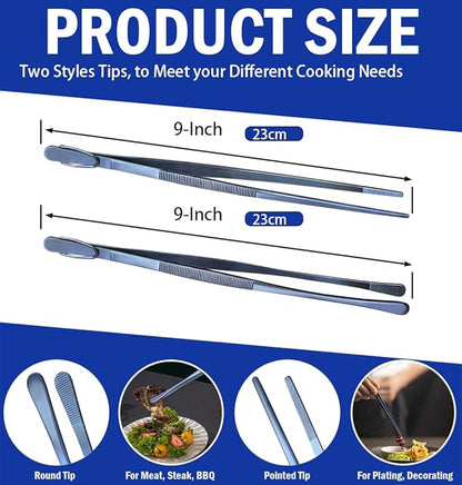 JETKONG 2 Pcs 9-Inch Cooking Tweezer Tongs Stainless Steel Kitchen Tweezers Plating Tongs (Navy Blue)