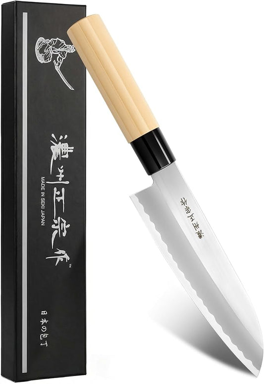 6.7 Inch Santoku Knife, Made in Japan, SK-5 High Carbon Steel Kasumi Japanese Chef Knife with Octagonal Natural Wood Handle, Kitchen Knife for Slicing Meat & Vegetables