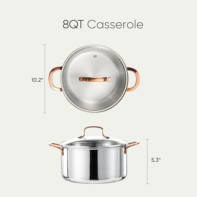 CAROTE 8 Qt Tri-Ply Stainless Steel Stockpot, Non-Toxic Stock Pot with Lid, Soup Pot for Pasta, Even Heating, Oven Safe, Induction, Ceramic and Gas Cooktops Compatible, Sliver, Mothers Day Gifts