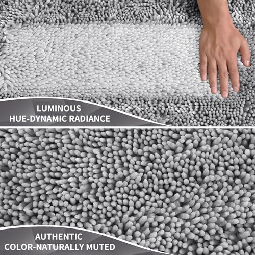 Yimobra Chenille Bathroom Rugs Non Slip, Extra Thick Soft Absorbent Bath Rug, Machine Washable Quick Dry Bath Mat for Bathroom Floor, Tub and Shower, Home Decor Accessories, 24x17, Light Grey