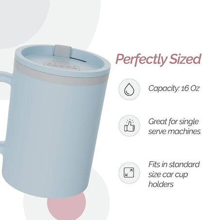 Copco Iconic 16oz Double Wall Insulated Desk Mug with Lid and Handle, Set of 2, BPA-Free Reusable Plastic, Spill-Resistant, Microwave & Dishwasher Safe, Wide Mouth (Light Blue/Pink)