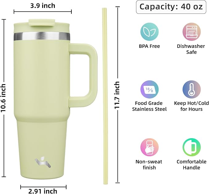 Konokyo 40 oz Tumbler with Handle and 2 Straws,2 in 1 Lid Insulated Water Bottle Stainless Steel Travel Coffee Mug,Macaron Green