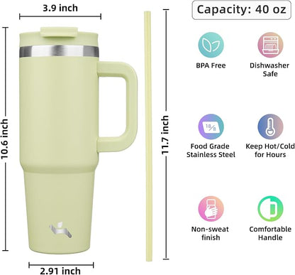 Konokyo 40 oz Tumbler with Handle and 2 Straws,2 in 1 Lid Insulated Water Bottle Stainless Steel Travel Coffee Mug,Macaron Green