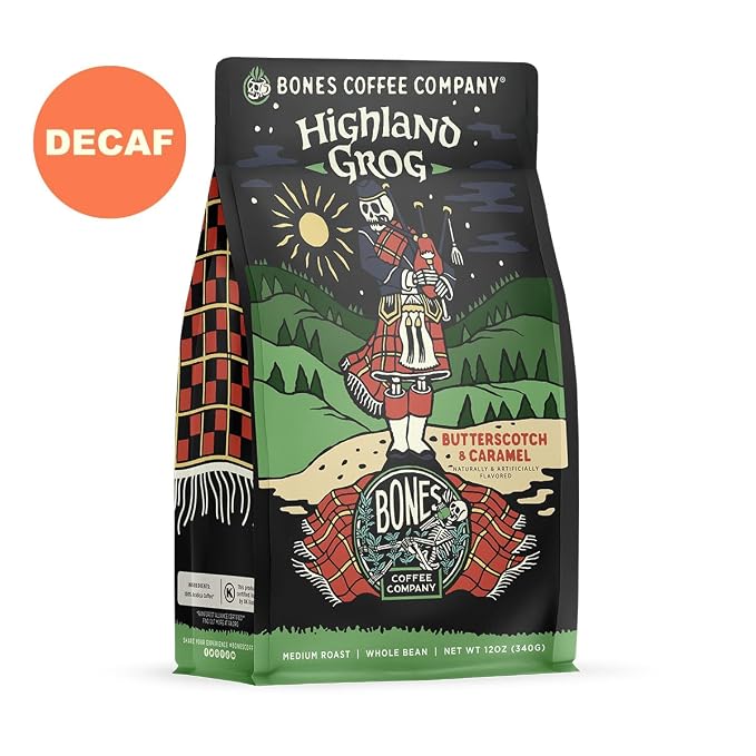 Bones Coffee Company Decaf Highland Grog, Butterscotch Caramel Decaffeinated Flavored Coffee, Medium Roast Low Acid Arabica Beans For Auto drip and French Press Coffee Maker, 12 Oz Whole Bean