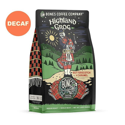 Bones Coffee Company Decaf Highland Grog, Butterscotch Caramel Decaffeinated Flavored Coffee, Medium Roast Low Acid Arabica Beans For Auto drip and French Press Coffee Maker, 12 Oz Whole Bean
