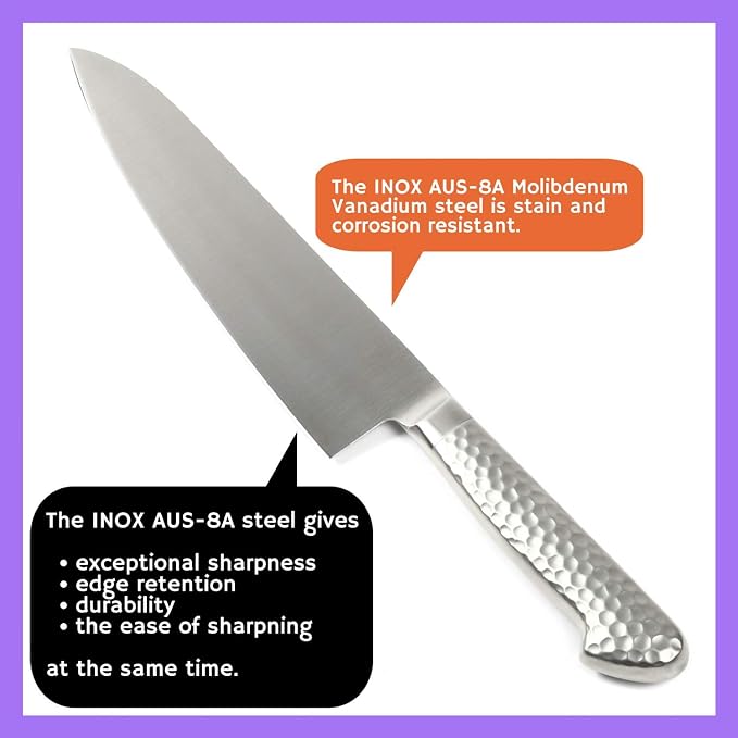 Japanese Chef Knife INOX AUS-8A Stainless Steel Integrated Handle, Gyuto 8.3-inch (210mm)