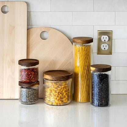 Mason & Fable Ribbed Glass Canisters or Spaghetti Jars with Airtight Wood Lid- Tall Storage Containers for Pasta, Cereal or Flour -Ideal for Kitchen/Pantry Organization - 60 fl.oz, Set of 2