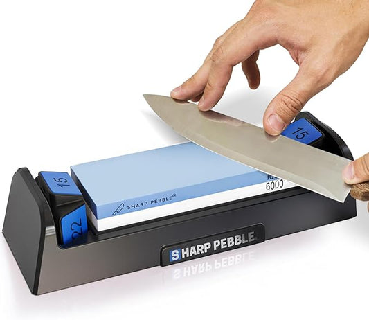 Sharp Pebble Complete Whetstone Knife Sharpening System – 1000/6000 Grit Wet Stone Sharpener Kit with Built-In Angle Guides (15°/17°/20°/22°) – Beginner-Friendly