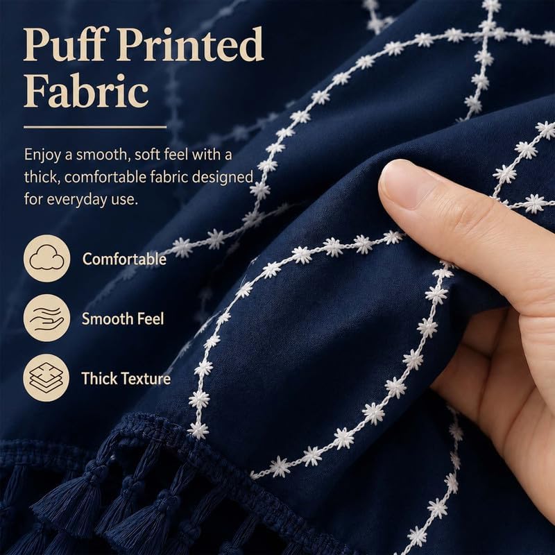 OVZME Extra Long Navy Blue Shower Curtain 96 Inch Long, Puff Printed Textured Shower Curtain with Tassels, Tall Farmhouse Geometry Bathroom Curtain, Water Resistant Fabric, 72Wx96L Inches