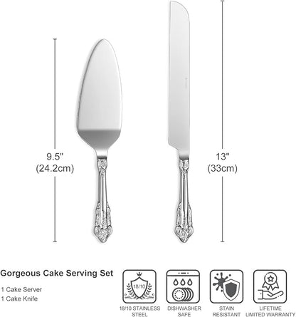 KEAWELL Gorgeous Wedding Cake Knife and Server Set, 18/10 Stainless Steel, Fine Luxury Cake Cutting Set (Silver)