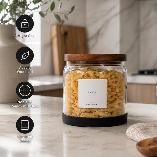 Glass Jar with Lid Half Gallon - 64oz Kitchen glass canisters - Airtight Acacia Wood Lid -Flour Sugar Coffee Rice Pantry Storage Container, Wide Mouth, 30 Labels & Non Slip Base