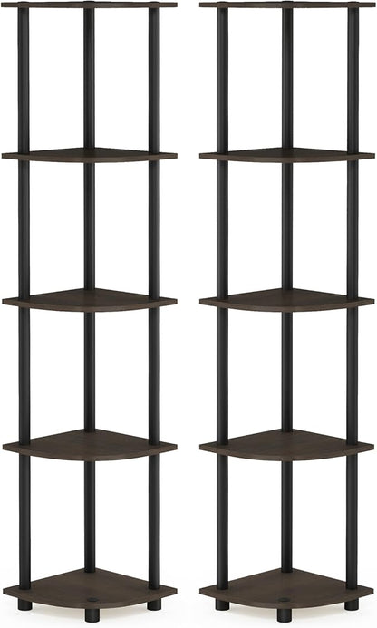 Furinno TURN-N-TUBE Corner Shelf Set of 2, 5-Tier Corner Bookshelf, Open Storage Shelves, for Organization and Storage, Living Room, Home Office, Garage, Dark Brown Grain