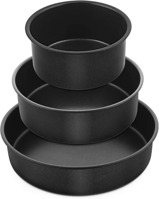 E-far 3-Piece Cake Pan(4/6/8 Inch), Nonstick Stainless Steel Round Baking Cake Pans, Metal Cake Mold Tins for Birthday/Wedding, Stainless Steel Core & Non-toxic Coating, Straight Side & 2 Inch Deep