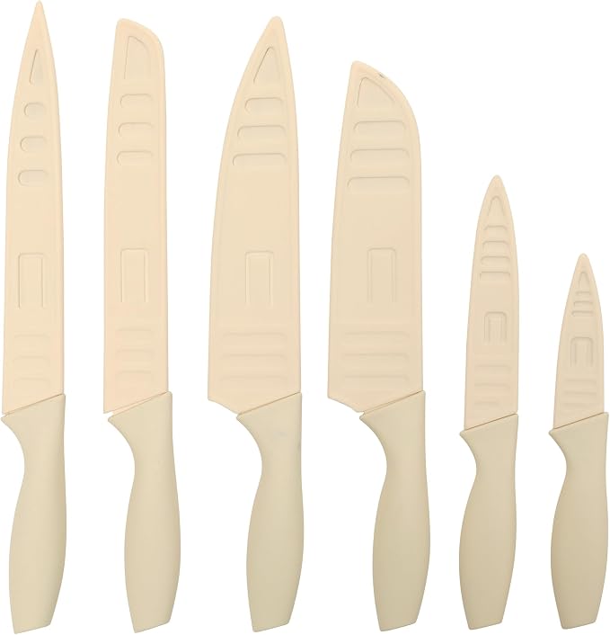 Gibson Home Bostonville 12 Piece Kitchen Knives Set W/Blade Guards/Sheaths, Chef Knife Sets With Nonstick Blades - White