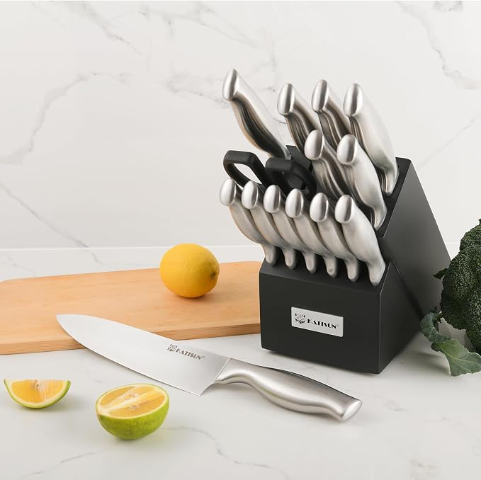 Kitchen Knife Set, 15 Pieces Knife Set with Block, Knives Set for Kitchen, Silver Hollow Ergonomic Handle for Chef Knife Set, Kitchen Shears,Black Knife Block Set, HM2201T-15B