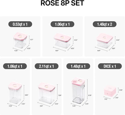 VAKUEN Premium Airtight Food Storage Containers ROSE 8P/SET, 6pcs Container, 1pcs Water Pitcher and Vacuum Sealer. Patented Double Silicone Lining, 100% Leak Proof, BPA-FREE