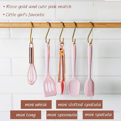 Collfa Rose Gold And Pink Kitchen Utensil Small Five-Piece Set Mini Silicone Kids Kitchen Tools Whisk Spatula Tongs Spoon And Slotted Spatula(Kids Baking Supplies)