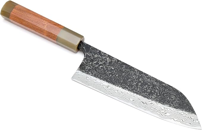 Yoshihiro Black-Forged Polished High Performance SLD Damascus Steel Santoku Multipurpose Knife (7'' (180mm), Ironwood Handle) (No Saya)