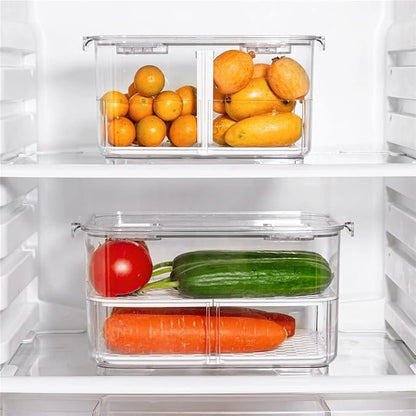 SANNO Vegetable Fruit Storage Containers, Food Storage Containers Fridge Produce Save, Stackable Refrigerator Organizer Keeper Drawers Bins Baskets with Lids and Removable Drain Tray