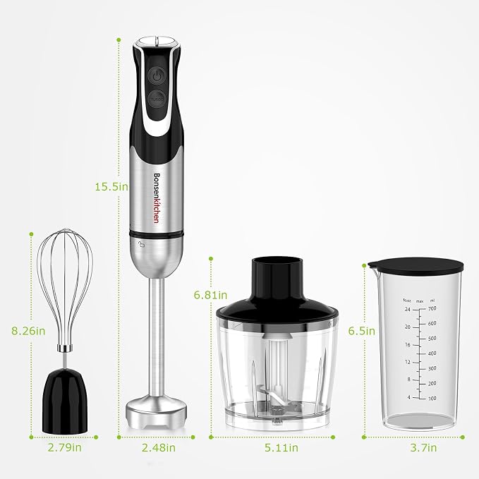 Bonsenkitchen 4-in-1 Immersion Blender Handheld with Food Processor, 12 Speeds Hand Blender with Turbo Mode, Stainless Steel Blade, Egg Whisk, Beaker & Chopper Bowl, Stick Mixer for Smoothie, Puree