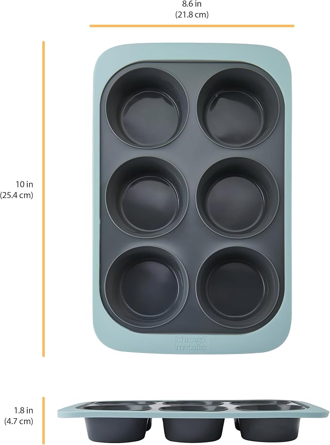 Chicago Metallic Silicone Muffin Pan, 6 Cup Nonstick Cupcake Tin with Wire-Reinforced Rim, Flexible Bakeware for Muffins, Egg Bites and More, Oven Safe to 428F, 10 x 8.6 Inches, Blue