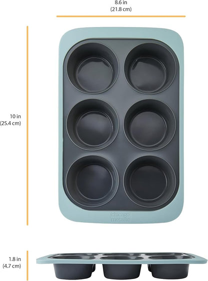 Chicago Metallic Silicone Muffin Pan, 6 Cup Nonstick Cupcake Tin with Wire-Reinforced Rim, Flexible Bakeware for Muffins, Egg Bites and More, Oven Safe to 428F, 10 x 8.6 Inches, Blue