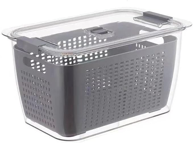 HERCHR Plastic Produce Saver Container, Vegetable Storage Containers Fruit Storage Organizer Bins Fresh Food Keeper Produce Saver with Divider for Refrigerator(1.7L-Gray)