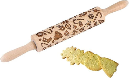 Christmas Wooden Rolling Pins, Xmas 3D Reindeer Shape Decor Embossing Rolling Pin,Christmas Patterned Rolling Pin Baking Tools (Christmas Elements)