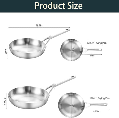Yeksum Tri-Ply Stainless Steel Frying Pan Set, 10 Inch and 12Inch, Skillet set, Fast Even Heat, Cooking Pan 10" 12", Induction Ready Egg Pan, Compatible with All Cooktops Up to 600℉