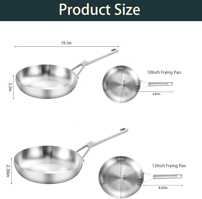 Yeksum Tri-Ply Stainless Steel Pan Set, 10" & 12" Frying Pans with Lids, 2 Piece Set, Fully Bonded, Oven & Dishwasher Safe, Compatible with All Cooktops Up to 550F