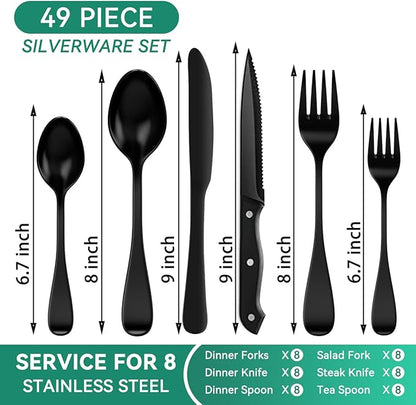 JUNLIN 49 Pieces Black Silverware Set with Steak Knives, Stainless Steel Silverware with Organizer Flatware Utensils Set for 8, Forks and Spoons Silverware Set Cutlery Set