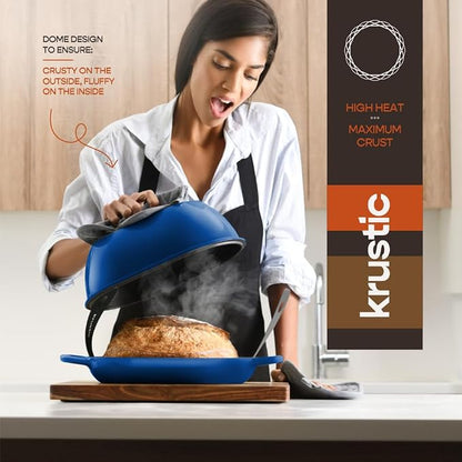 Krustic Enameled Cast Iron Dutch Oven for Professional Sourdough Bread Baking | 5.5 Quart Loaf Size Oval Cookware Pot with Lid | Triple-Layer Enamel Coating Pan with Non Stick Silicone Mat | Blue