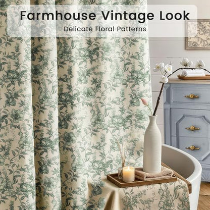 Farmhouse Sage Green Floral Shower Curtain with 12 Clear Rings 72"W x 72"L