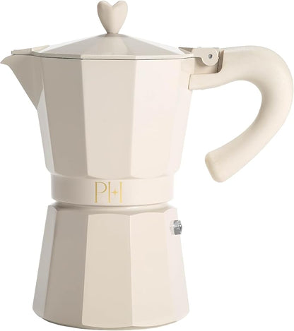 Paris Hilton Stovetop Espresso and Coffee Maker, Italian & Cuban Style Coffee Pot with Iconic Heart Knob, Perfect for Rich Aromatic Espresso, Makes up to 6 Espresso Cups, Cream