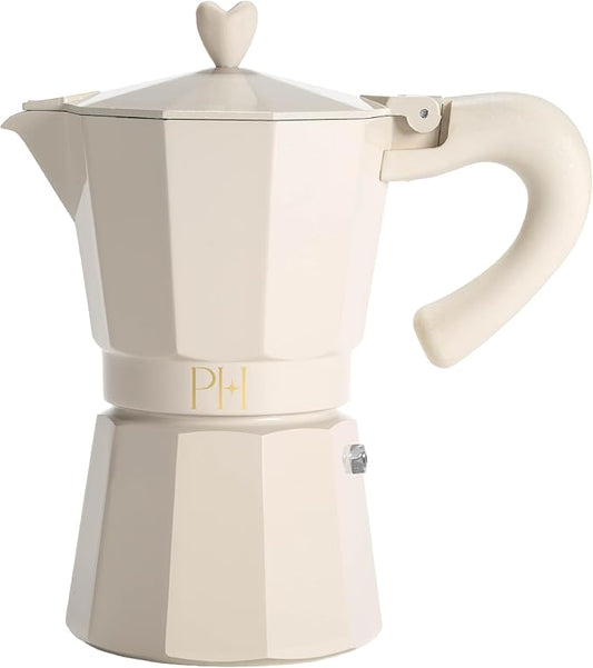 Paris Hilton Stovetop Espresso and Coffee Maker, Italian & Cuban Style Coffee Pot with Iconic Heart Knob, Perfect for Rich Aromatic Espresso, Makes up to 6 Espresso Cups, Cream